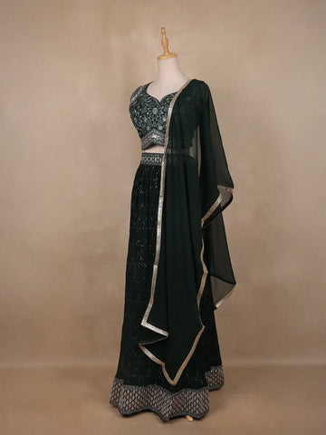 Bottle Green Net Sequins And Floral Embroidery Bridesmaid Lehenga - Diadem