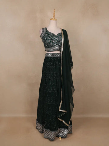Bottle Green Net Sequins And Floral Embroidery Bridesmaid Lehenga - Diadem