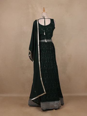 Bottle Green Net Sequins And Floral Embroidery Bridesmaid Lehenga - Diadem