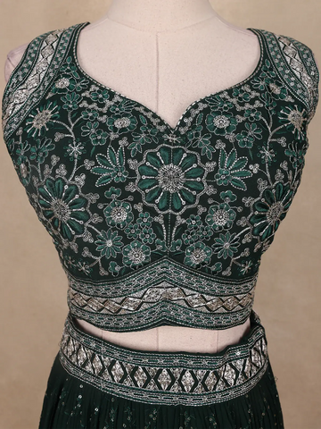 Bottle Green Net Sequins And Floral Embroidery Bridesmaid Lehenga - Diadem
