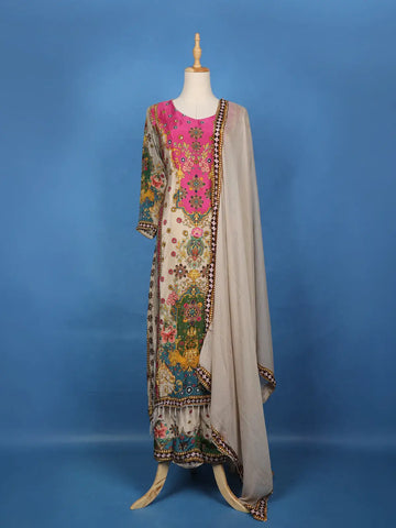 Beige And Pink Multicolor Floral Printed Synthetic Palazzo Salwar Suit - Diadem