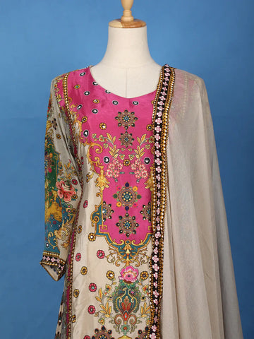Beige And Pink Multicolor Floral Printed Synthetic Palazzo Salwar Suit - Diadem