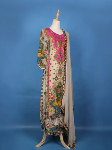 Beige And Pink Multicolor Floral Printed Synthetic Palazzo Salwar Suit - Diadem