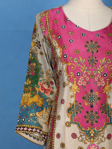 Beige And Pink Multicolor Floral Printed Synthetic Palazzo Salwar Suit - Diadem