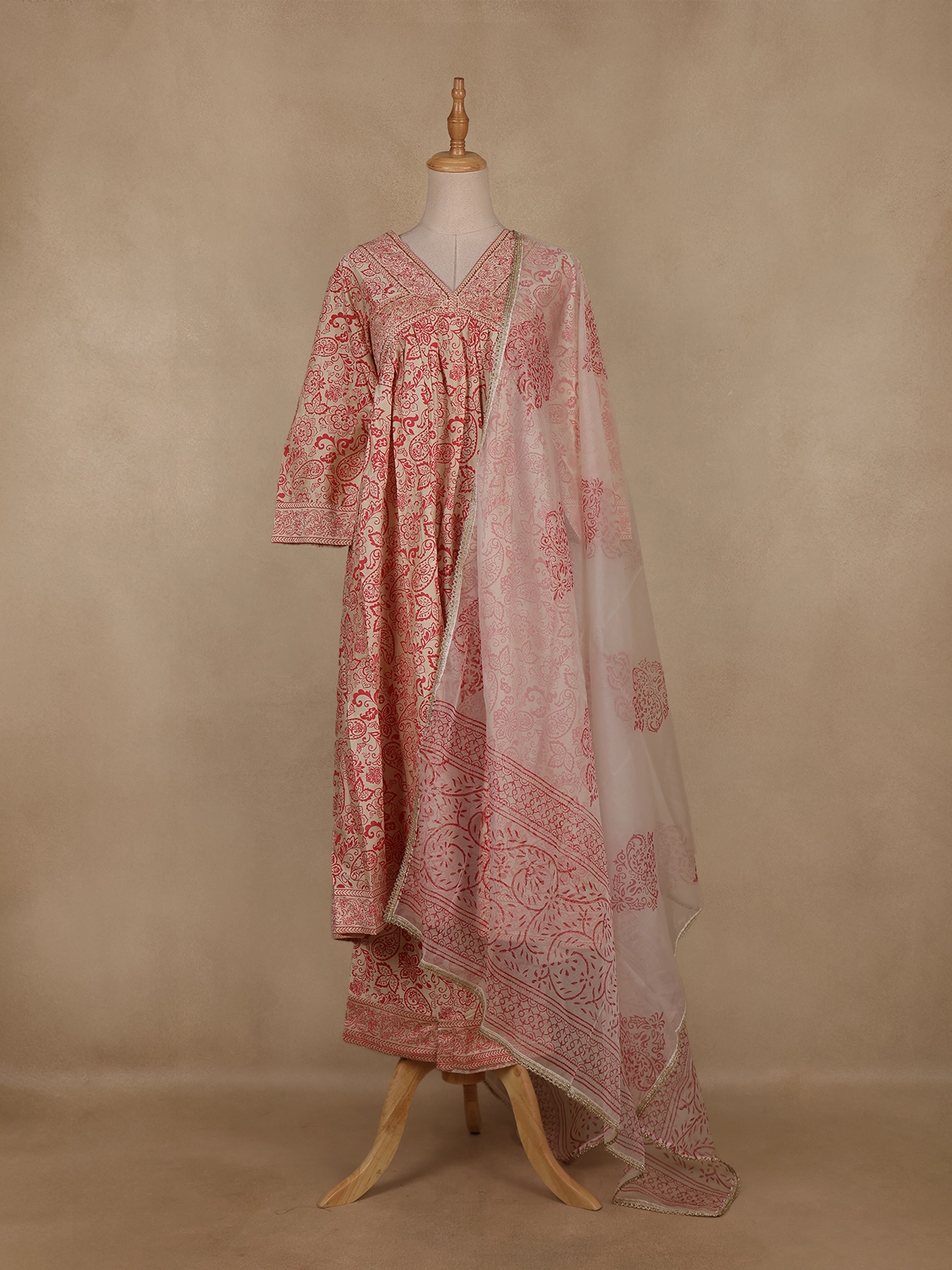 Beige And Red Floral Design Cotton Salwar Suit