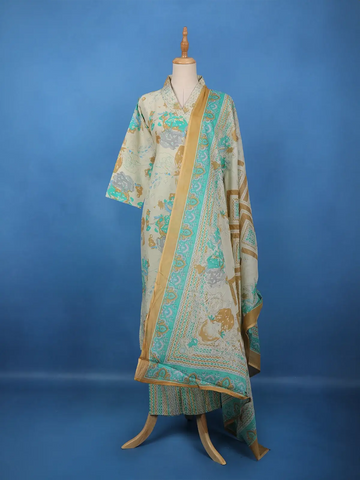 Beige Artistic Printed Cotton Salwar Suit - Diadem