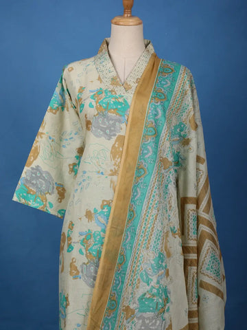 Beige Artistic Printed Cotton Salwar Suit - Diadem