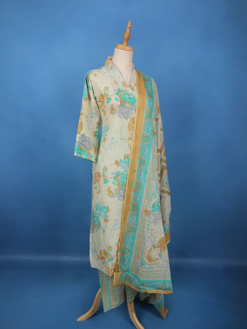 Beige Artistic Printed Cotton Salwar Suit - Diadem