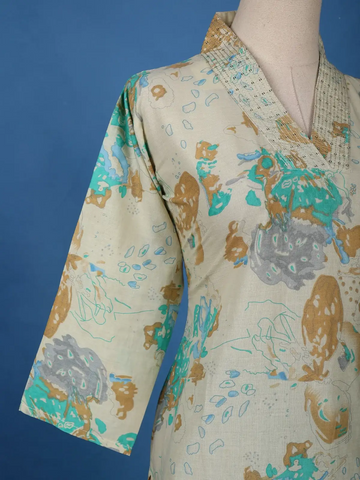 Beige Artistic Printed Cotton Salwar Suit - Diadem