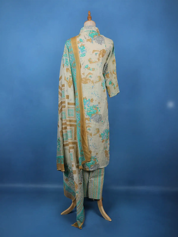 Beige Artistic Printed Cotton Salwar Suit - Diadem