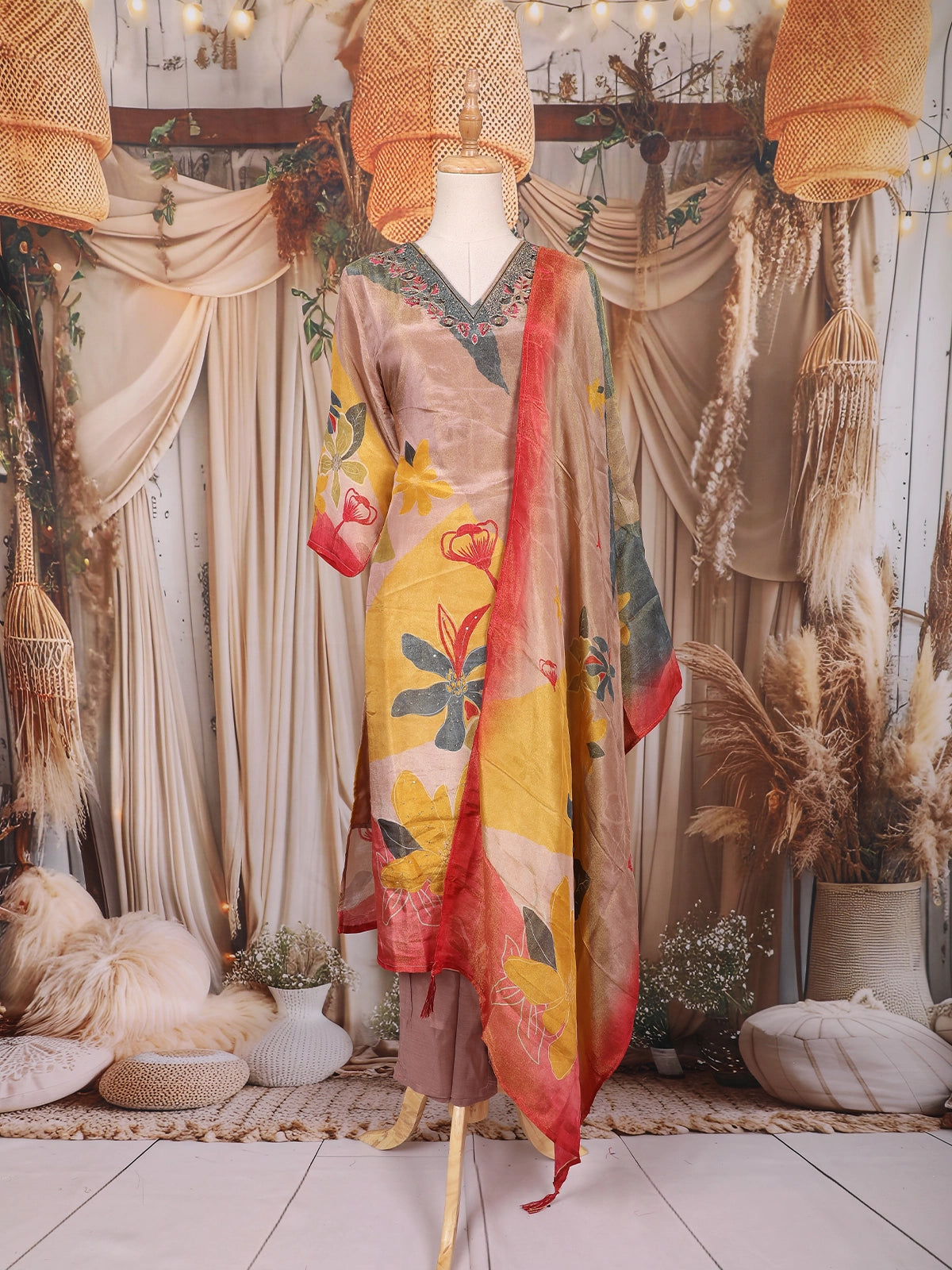 Beige Floral Design Tissue Silk Straight Cut Salwar Suit with Dupatta