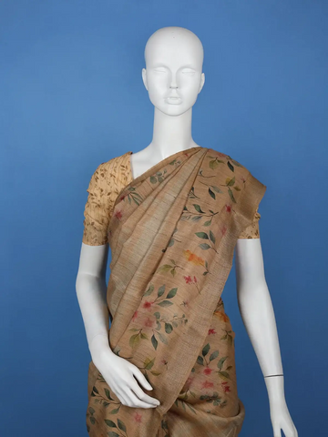 Beige Floral Design Tussar Silk Saree - Diadem