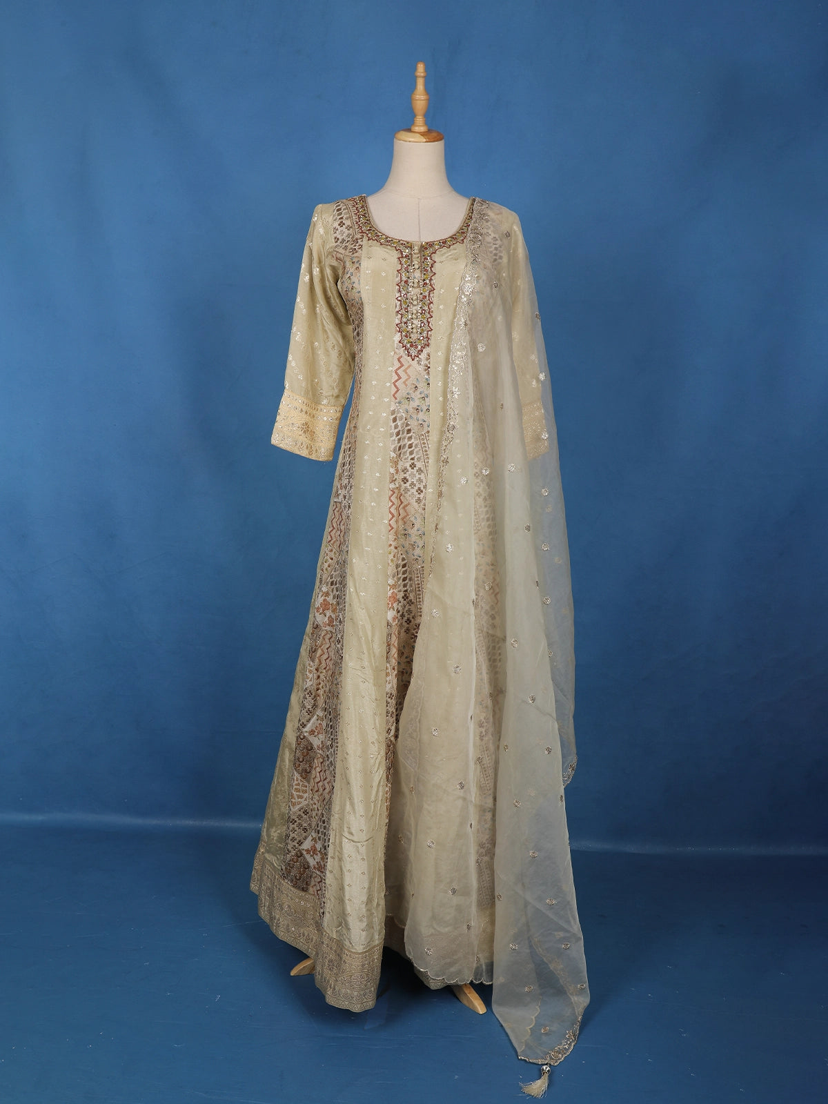 Beige Floral Design Silk Gown