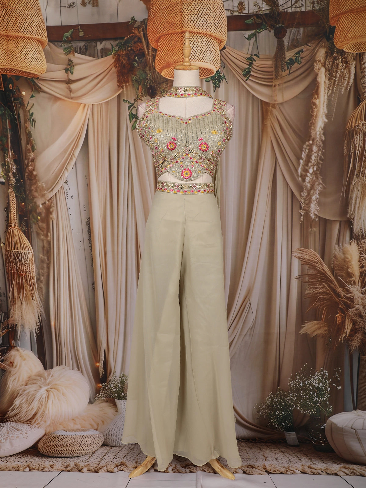 Beige Floral Embroidered Design Chiffon Palazzo Suit