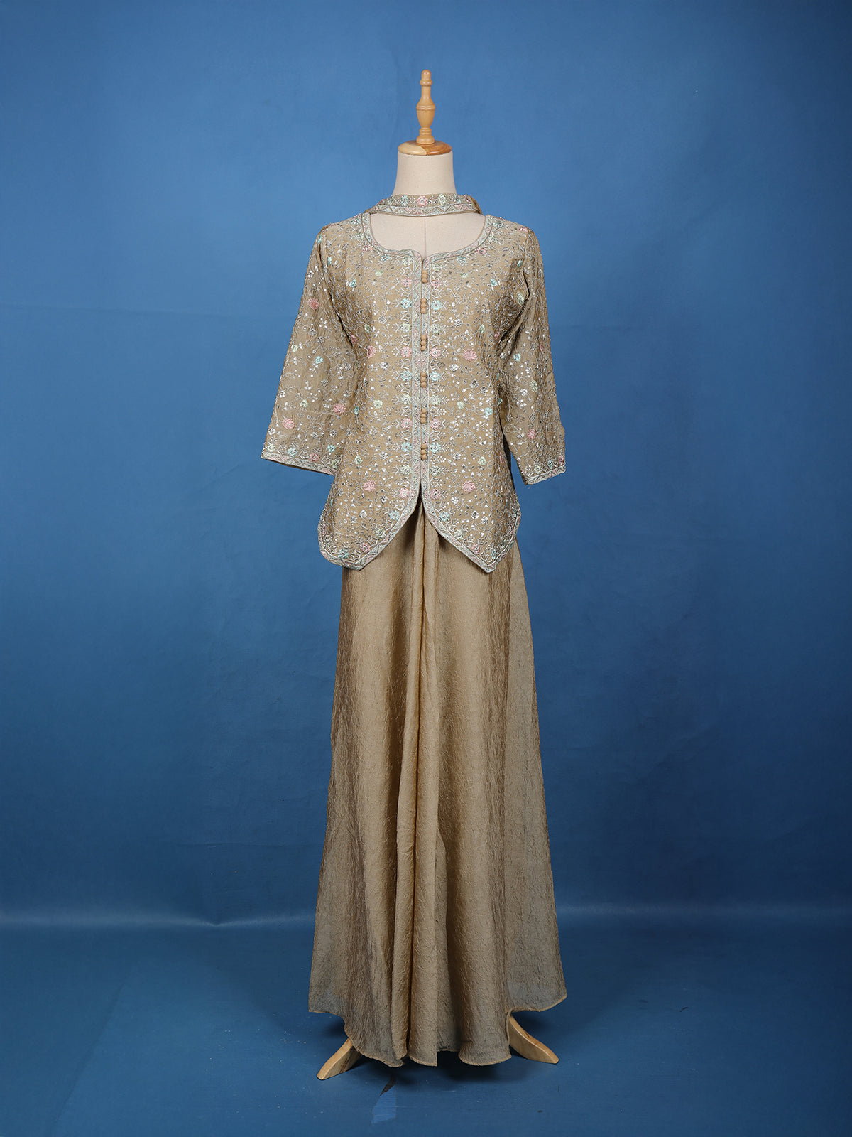 Beige Floral Embroidered Design Tussar Palazzo Suit