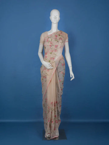 Beige Floral Embroidered Kota Cotton Saree - Diadem