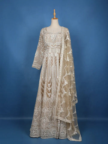 Beige Floral Embroidered Net Lehenga - Diadem