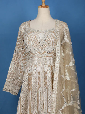 Beige Floral Embroidered Net Lehenga - Diadem