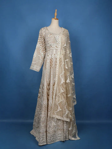 Beige Floral Embroidered Net Lehenga - Diadem