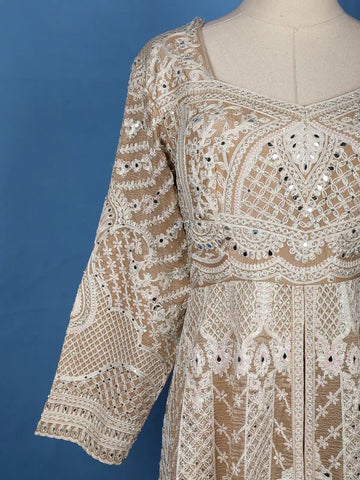 Beige Floral Embroidered Net Lehenga - Diadem