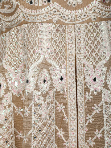 Beige Floral Embroidered Net Lehenga - Diadem