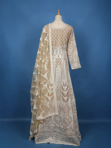 Beige Floral Embroidered Net Lehenga - Diadem