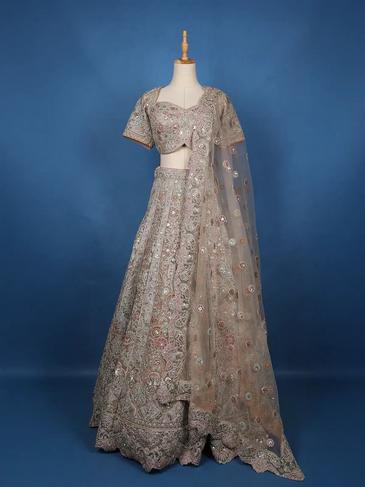 Beige Floral Embroidered Net Lehenga With Dupatta - Diadem