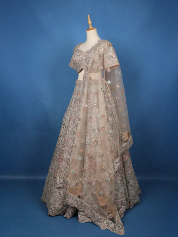 Beige Floral Embroidered Net Lehenga With Dupatta - Diadem