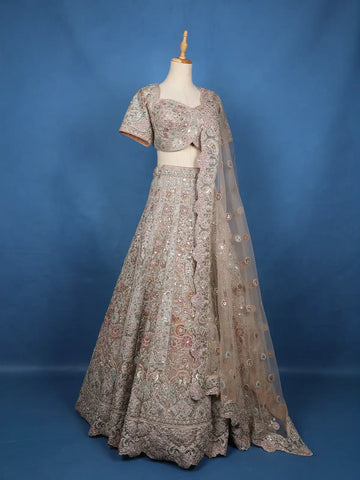 Beige Floral Embroidered Net Lehenga With Dupatta - Diadem