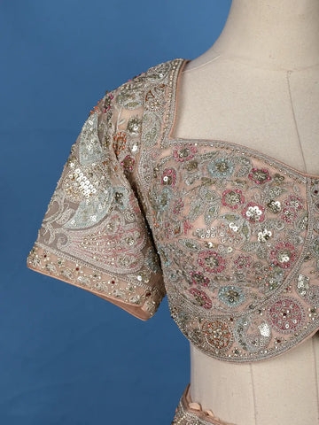 Beige Floral Embroidered Net Lehenga With Dupatta - Diadem