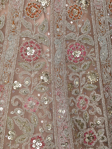 Beige Floral Embroidered Net Lehenga With Dupatta - Diadem