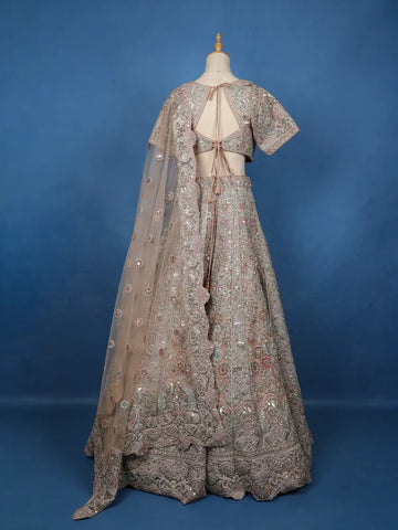 Beige Floral Embroidered Net Lehenga With Dupatta - Diadem