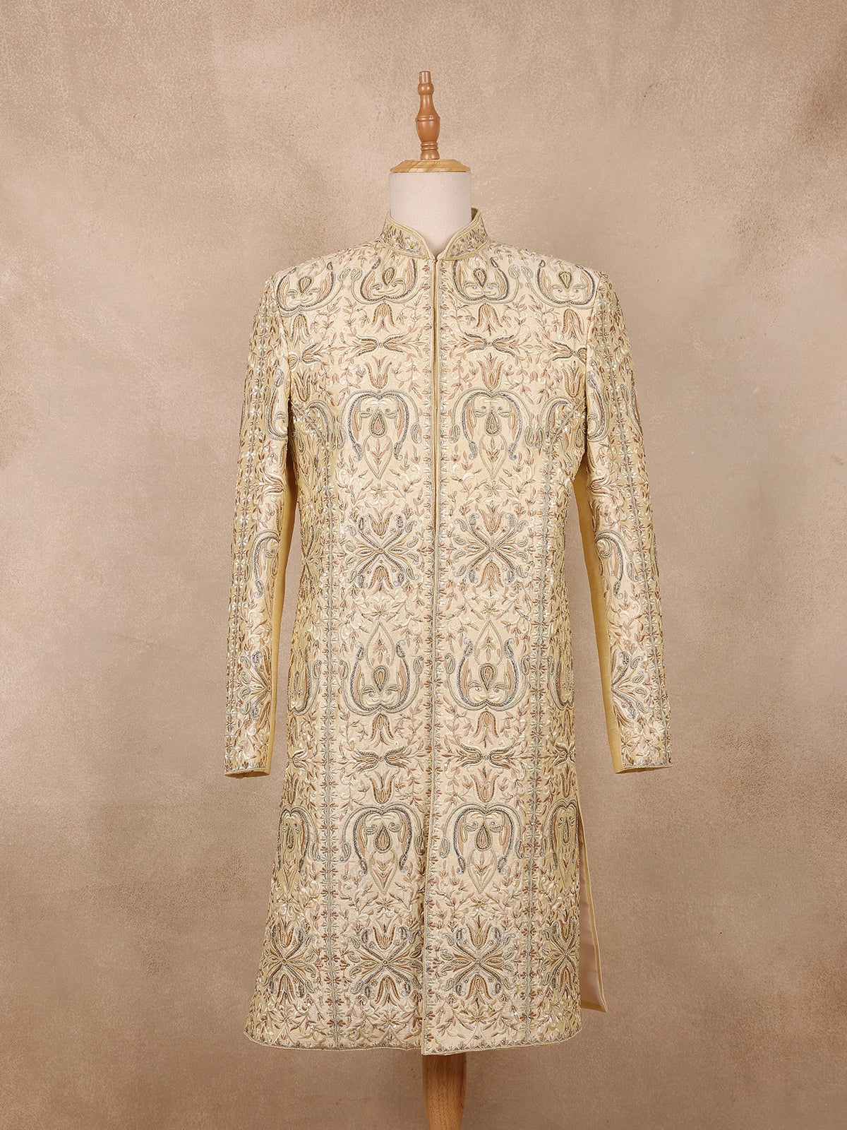 Beige Floral Embroidered Raw Silk Sherwani Suit