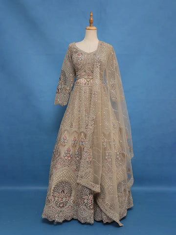 Beige Floral Embroidery Design Bridal Net Lehenga - Diadem