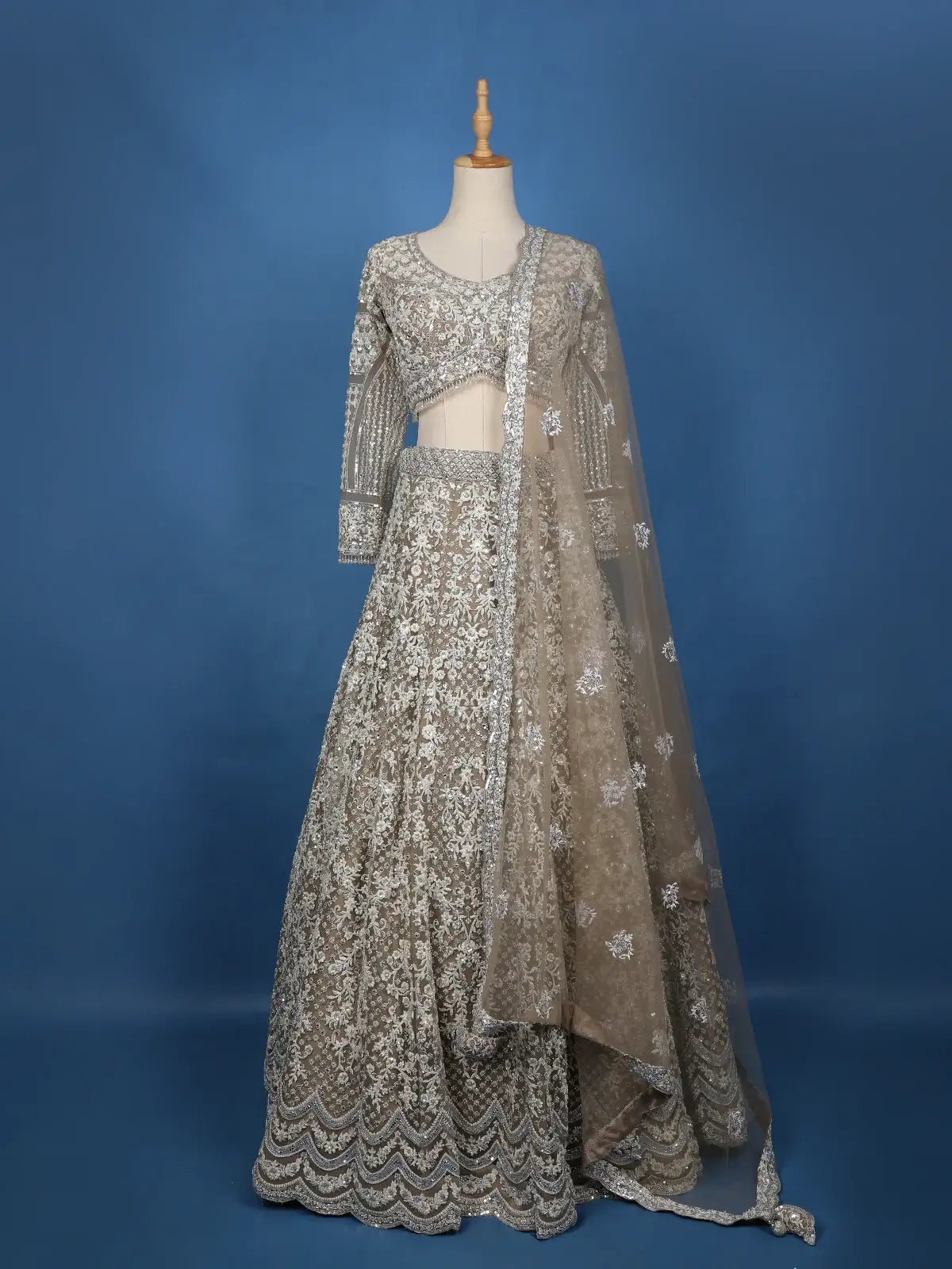Beige Floral Embroidery Net Lehenga - Diadem