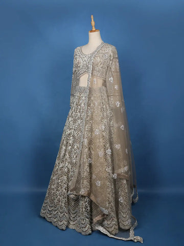 Beige Floral Embroidery Net Lehenga - Diadem