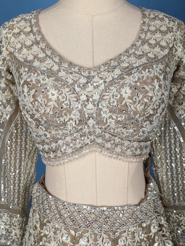 Beige Floral Embroidery Net Lehenga - Diadem