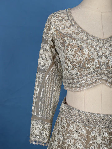 Beige Floral Embroidery Net Lehenga - Diadem