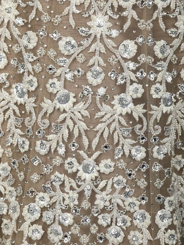 Beige Floral Embroidery Net Lehenga - Diadem