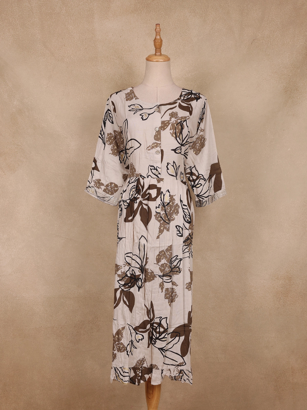 Beige Floral Printed Cotton Kurti