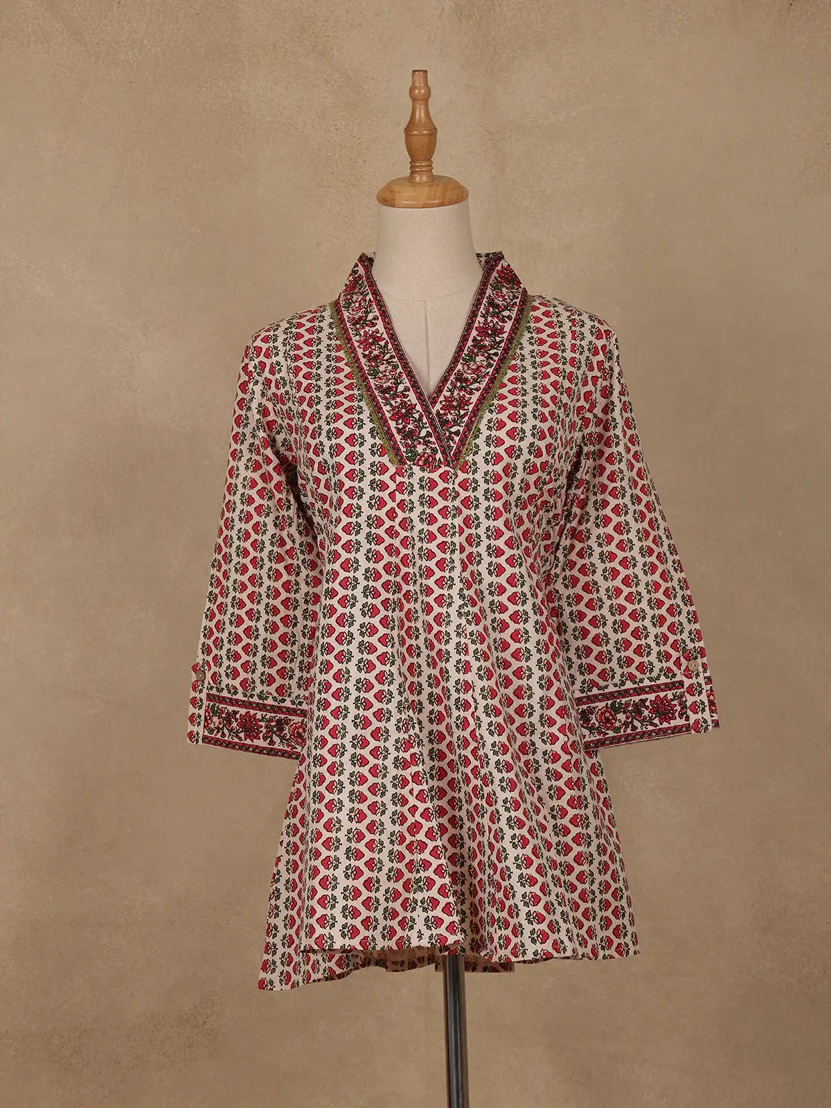 Beige Floral Printed Cotton Kurti Top - Diadem