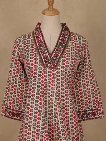 Beige Floral Printed Cotton Kurti Top - Diadem
