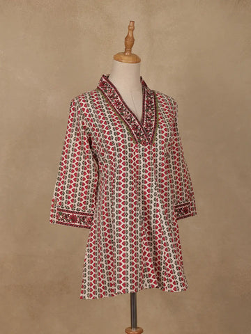 Beige Floral Printed Cotton Kurti Top - Diadem