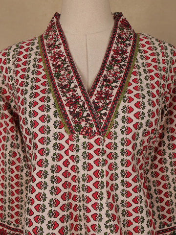 Beige Floral Printed Cotton Kurti Top - Diadem
