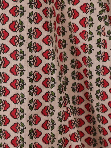 Beige Floral Printed Cotton Kurti Top - Diadem
