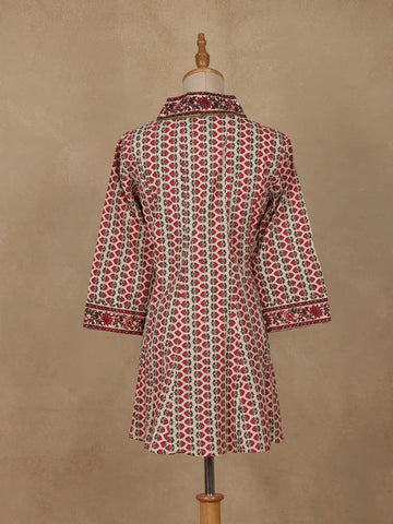 Beige Floral Printed Cotton Kurti Top - Diadem