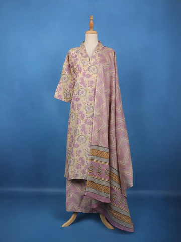 Beige Floral Printed Cotton Salwar Suit - Diadem