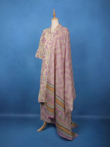 Beige Floral Printed Cotton Salwar Suit - Diadem