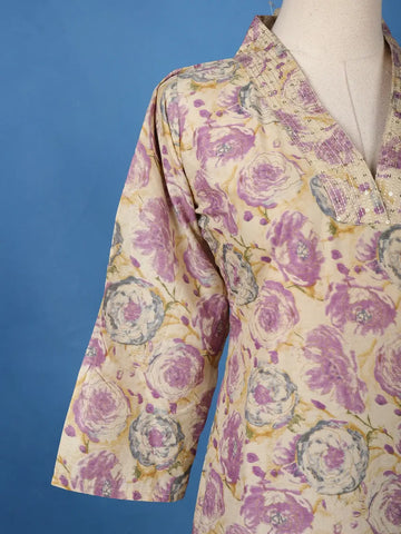 Beige Floral Printed Cotton Salwar Suit - Diadem