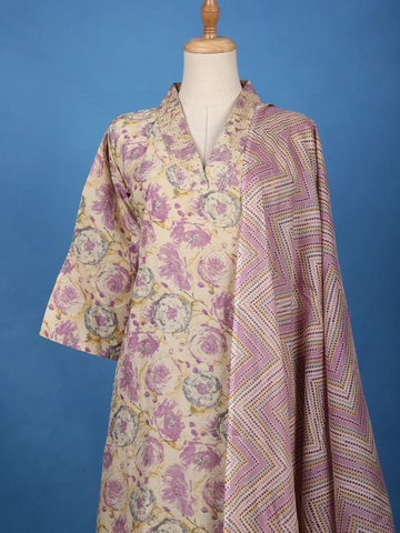 Beige Floral Printed Cotton Salwar Suit - Diadem